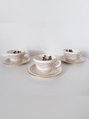 Vintage Tudor Rose Georgian China Tea Cup & Saucer - 22kt Gold Trim - Set of 3